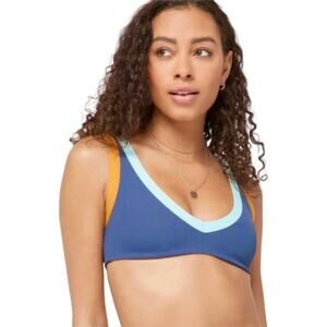 L*Space Lala Ribbed Colorblock Bikini Top in Slate Pool Blue Inca Gold XL NWT